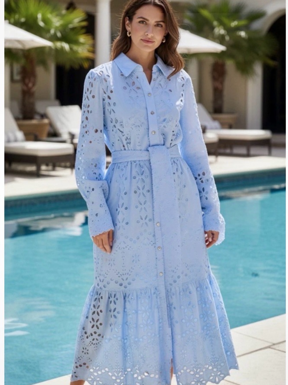 Lilly Pulitzer Dress SZ 12 Blue Zia Lg Sleeve Eyelet Midi Shirt Dress